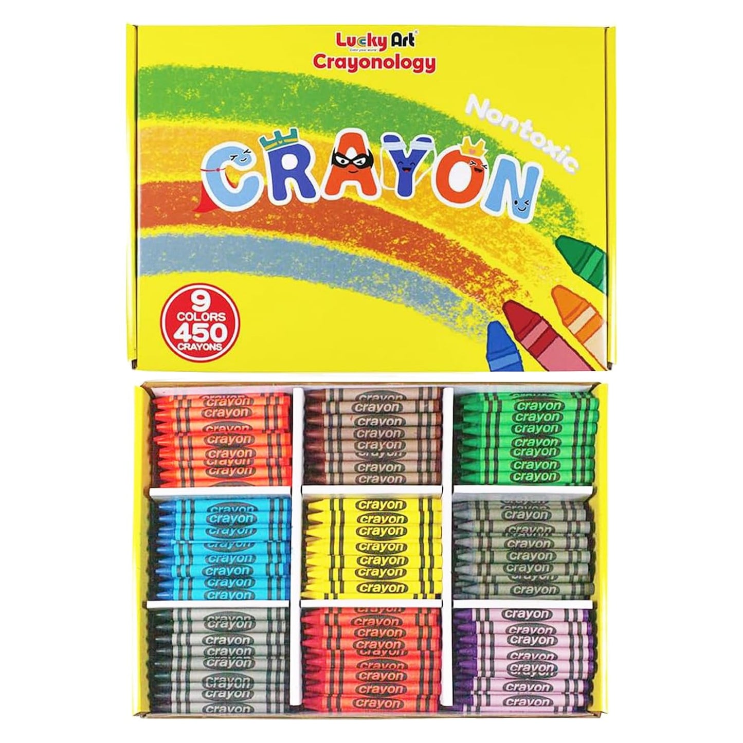 Lucky Art Crayonology wrapped Bulk Crayons Classpack (450 Regular Size wrapped, 50 each of 9 colors), Bulk School Supplies for Teachers, Kids Crayons, Arts and crafts Classroom Supplies
