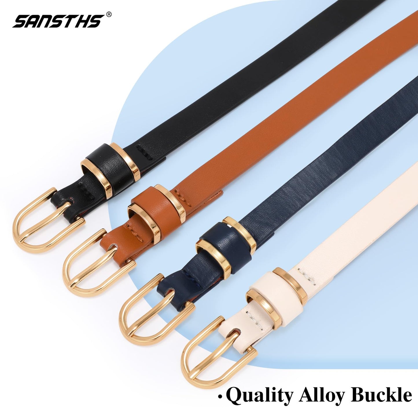 SANSTHS 4 Pack Women Thin Belts for Jeans Dresses Coats Skinny Women Belt with Gold Alloy Buckle, Black+Brown+Blue+Beige M