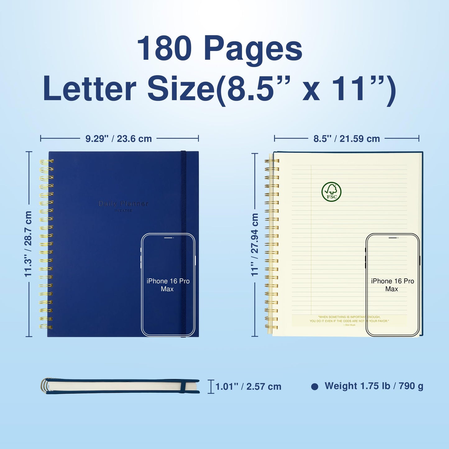 AuroPlanner Undated Daily Planner To Do List Hourly Schedule 2027 2026 2025 Calendar & Holiday Habit Tracker 180 Pages Letter Size 8.5" x 11" Sheets Hardcover Spiral Bound Notebook (Navy Blue)