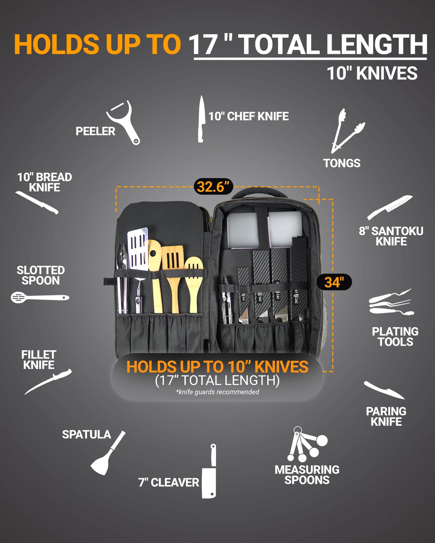 Chef Knife Backpack TRAVELLER - Patented Knife Retention Panels with Hook-and-Loop, Water Resistant 900D Polyester Canvas, YKK Zippers, Work Bag for Chefs & Culinary Students (Black)