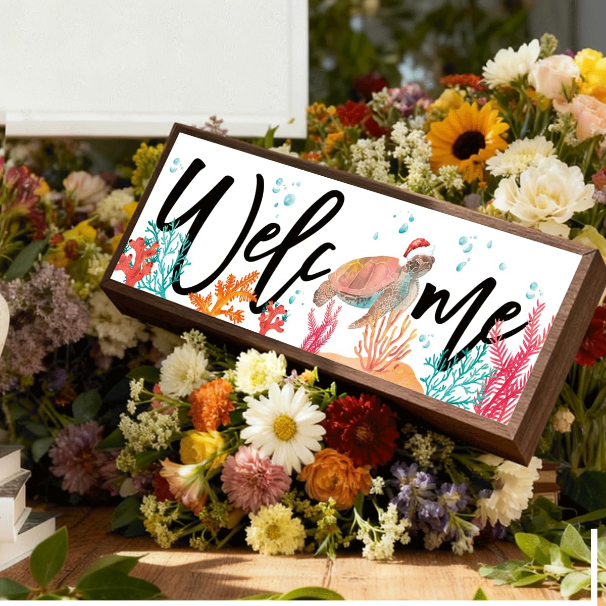 Welcome Wood Home Decor Signs, Welcome Christmas Turtle And Coral Wood Plaque, Christmas Sign, Farmhouse Coastal Beach Ocean Themed Front Porch Door Decor 9.5x3.1 Inches(A53)