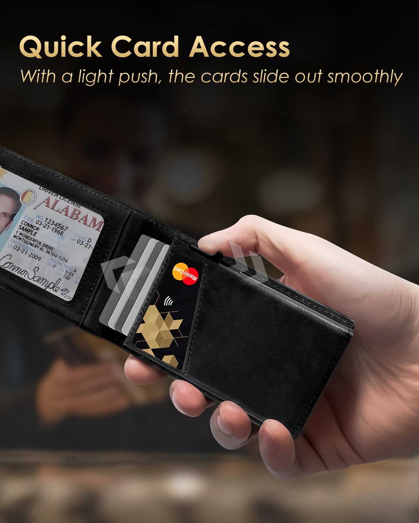 QLD Wallet for Men - RFID Blocking [Functional & Practical] Bifold Slim Minimalist Credit Card Holder Pop Up Metal Case with Cash Slot, Front Pocket with ID Window, Gift Boxed (BLACK)