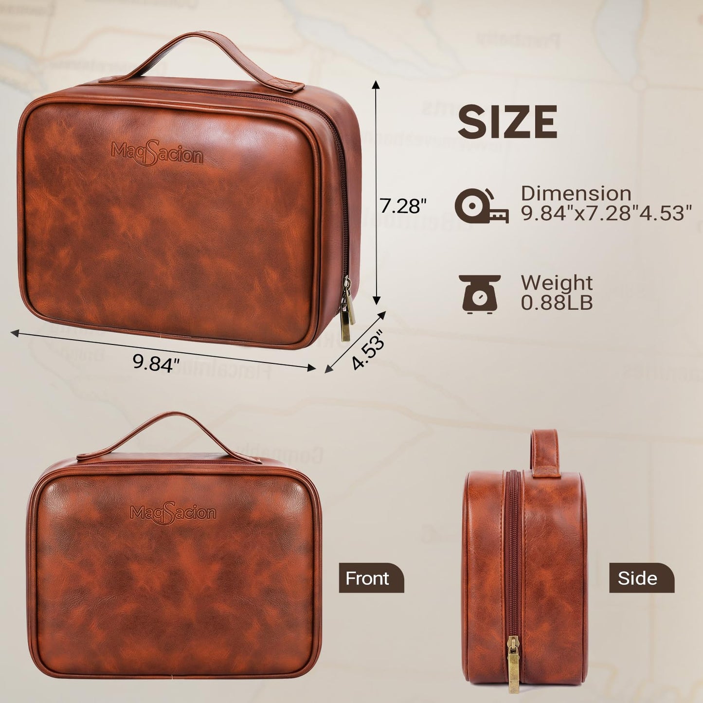 MaqSacion Mens Toiletry Travel Bag,PU Leather Toiletry Bag for Men,Water-Resistant Travel Bag for Toiletries,Brown Shaving Bag for Men, Mens Birthday Gift Ideas for Fathers Day Men Him Husband Dad