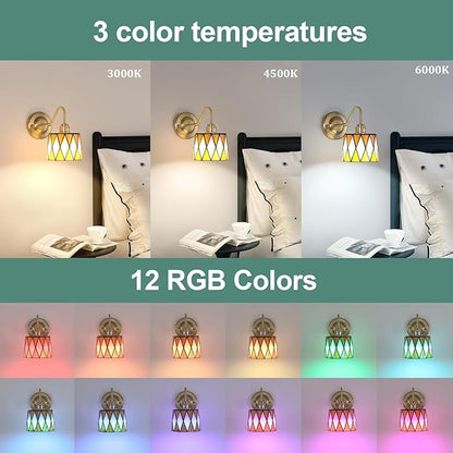 Vintage Battery Operated Wall Sconce Set of 2, 5000mAh Rechargeable Wall Lamp 12 RGB Colors Dimmable, Gold Lights Fixture for Bedroom Bathroom Living Room Hallway Orange Checker