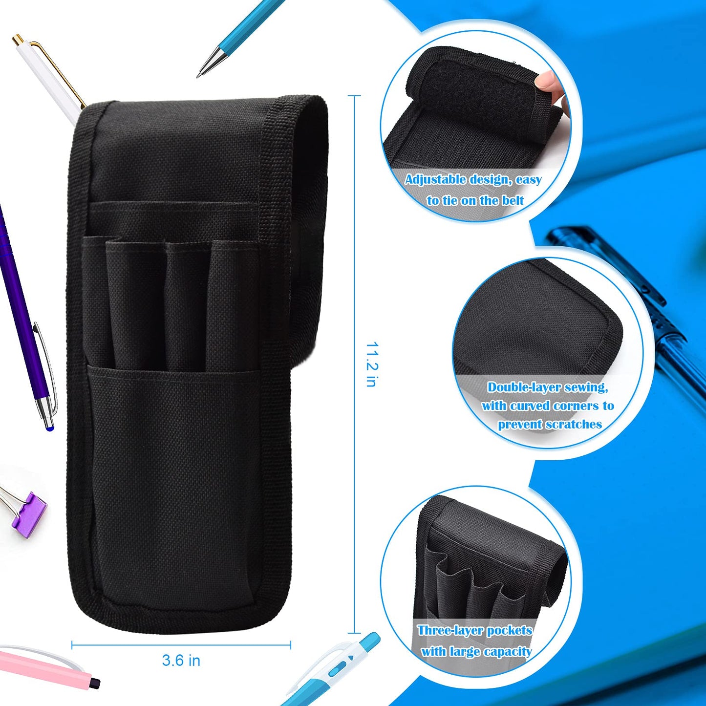 2 Pcs KATOLK Belt Pen Holder, Multifunctional Adjustable Tactical Pencil Pouch, Detachable Military Duty Pencil Sleeve Case, Can Hold Pens, Rulers and Scissors (Black)