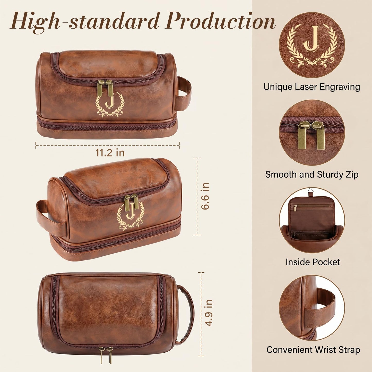 Groomsmen Gifts for Men Travel Toiletry Bag, Personalized Leather Toiletry Bag with Handle & Hook, Water Resistant Shaving Kit Bag for Wedding Party Bachelor Party Favors Bestman Gifts(K)