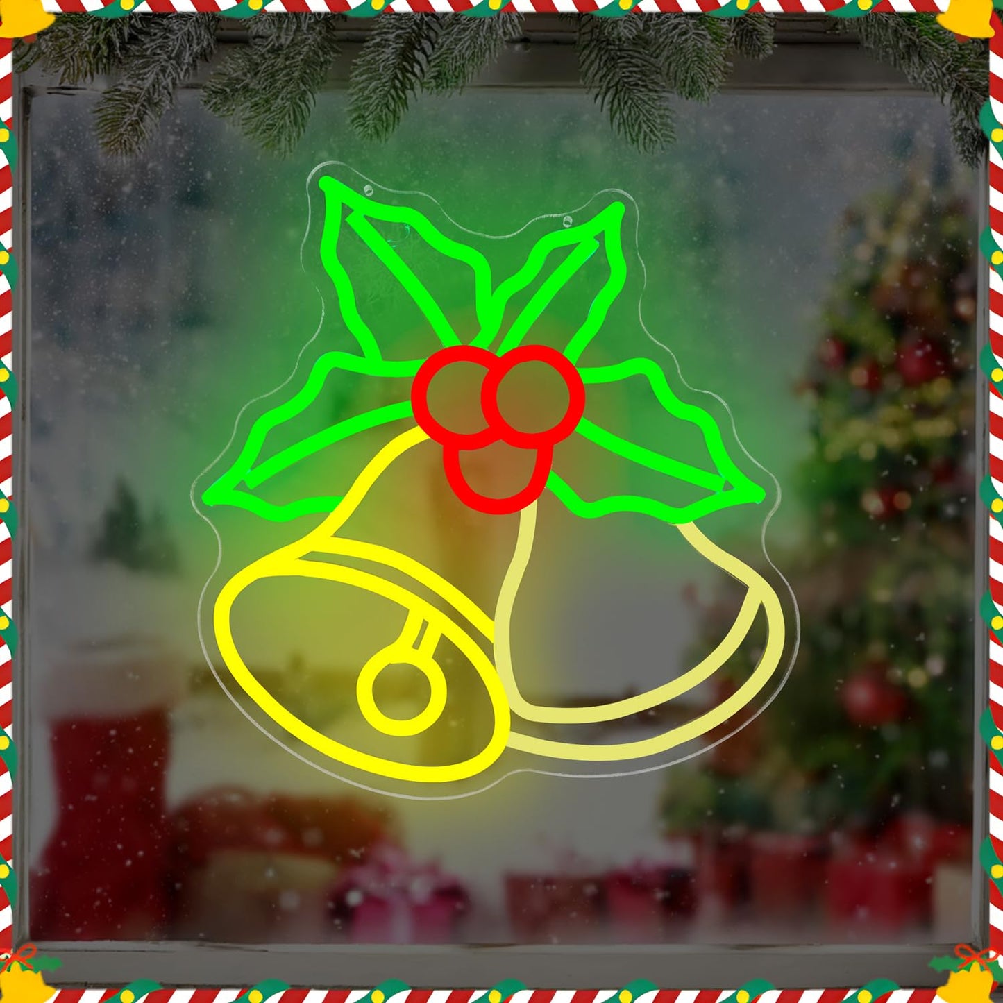 hhuohuona Christmas Bells Neon Signs for Wall Decor Dimmable Neon Christmas Sign Flashing Bell with Holly Led Sign Xmas Light Up Sign Led Window Lights for Home Party
