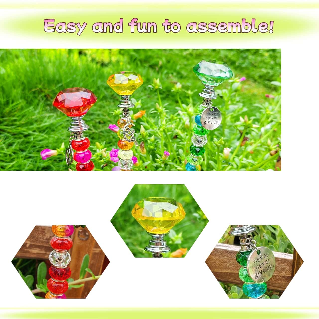ZSlactp 72Pcs Beaded Garden Stakes Kit - DIY Fairy Wand Garden Stake Beads Kit, Fairy Garden Accessories Outdoor for Different Festivals, Garden Stake Decorative Diamond-(Red+Green+Yellow)