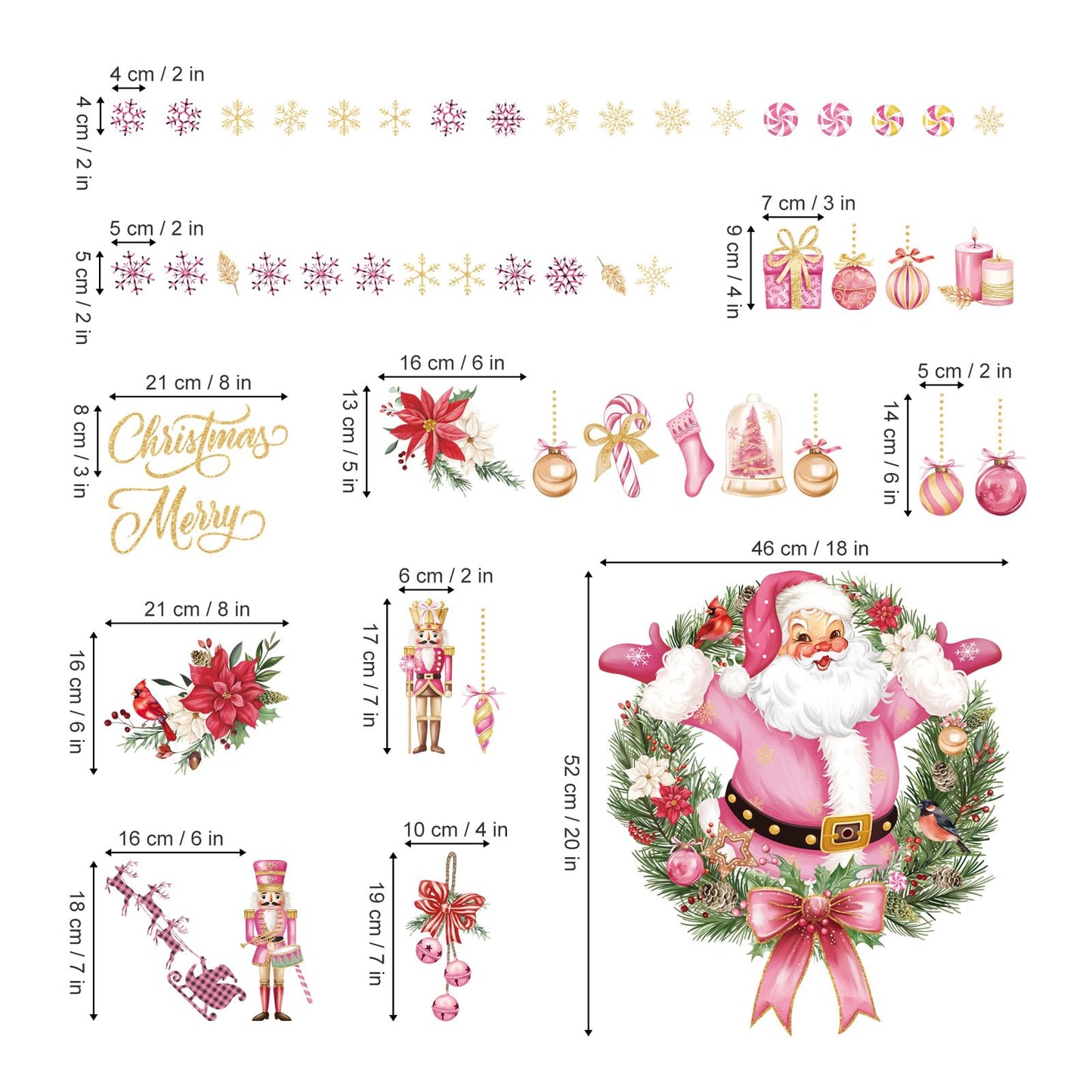 wondever Pink Christmas Santa Claus Wall Stickers Christmas Wreath Xmas Ball Snowflakes Peel and Stick Wall Art Decals for Window Home Party