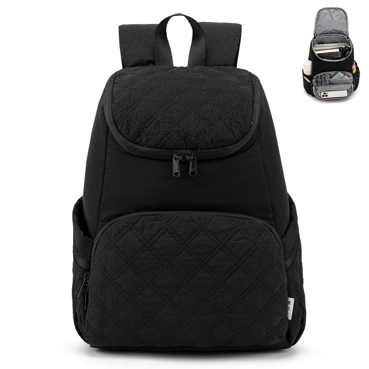 NOL Natural Organic Lifestyle Women's Quilted Puffer Backpack, Large Waterproof Lightweight Puffy Bookbag, Carry on Daypack for Travel, Work (Black)