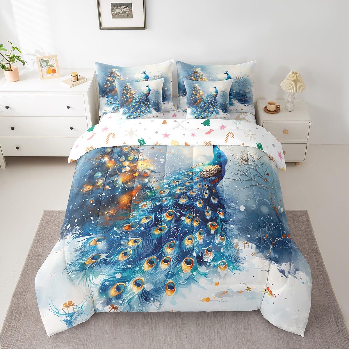 Manfei Xmas Peacock 7 Pieces Comforter Set Full,Wildlife Animal Snow Winter Bedding Set for Bedroom Decor,Merry Christmas（Comforter+Fitted+Flat Sheet+2 Pillowcases+2 Throw Pillow Covers）