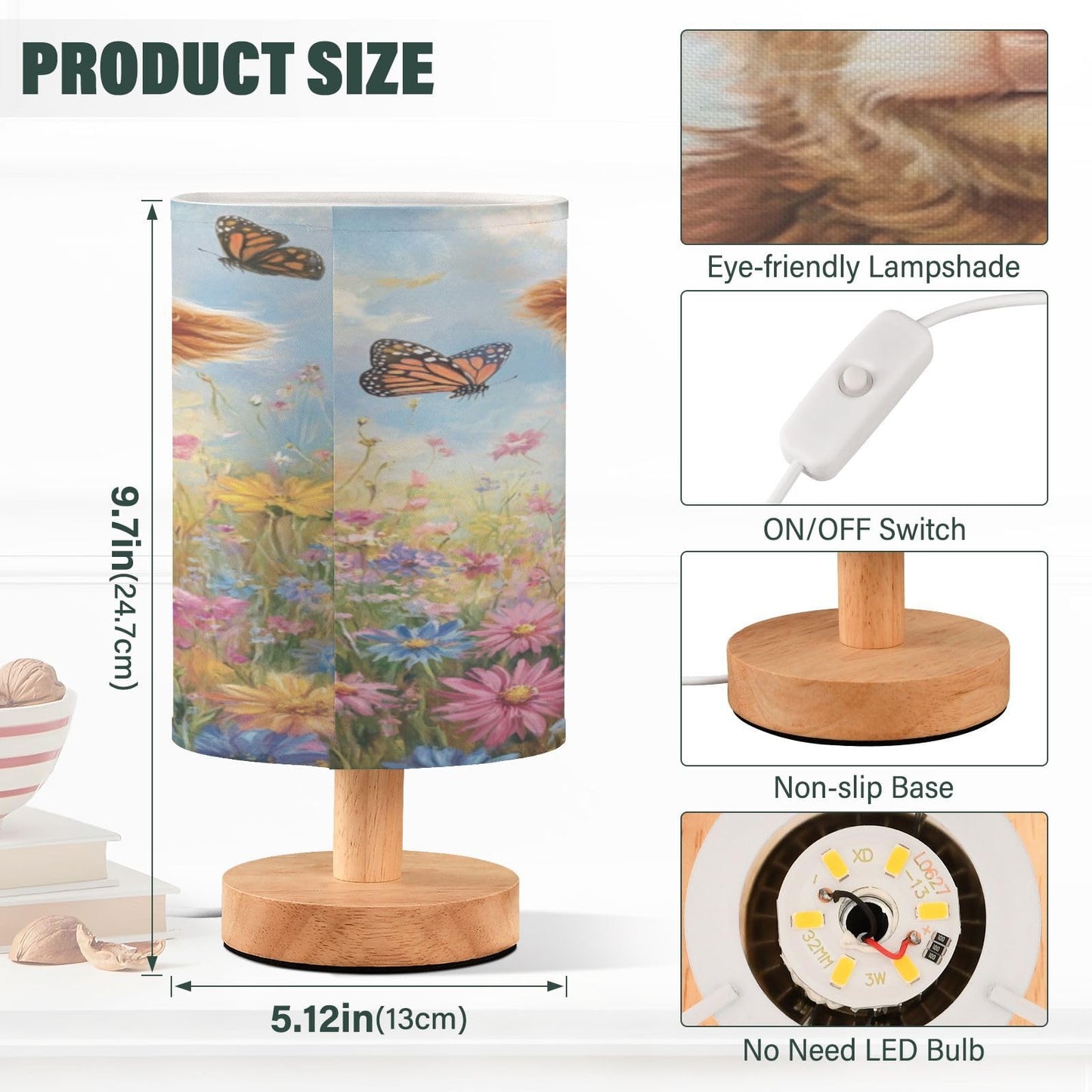 Highland Cow Flowers Table Lamp Bedroom Bedside Night Reading Desk Lamps Cylinder Nightstand Sleeping Light Lamp for Kids Living Room Office Decor