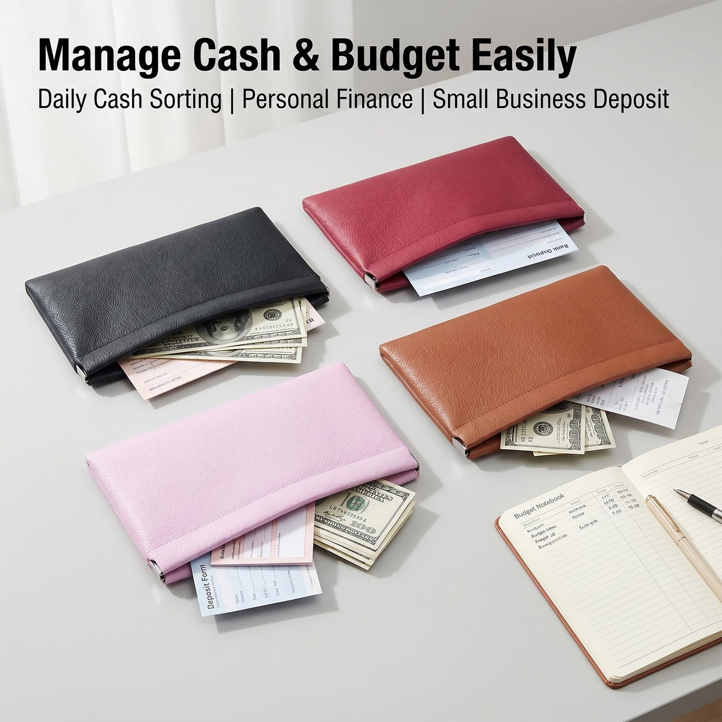 4 Pcs Leather Cash Bag, Squeeze Top Money Bag, Portable Cash Holder for Money Saving & Budgeting, Bank Deposit Bags for Coins, Invoice, Makeup Bills Receipts Tool Storage（Red,Pink,Black,Brown）