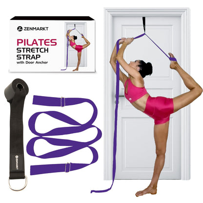 Pilates Stretching Strap with Door Anchor - Flexibility Equipment for Pilates Practitioners - Ideal for Improving Leg Flexibility, Core Stability, and Posture Alignment at Home (Purple)