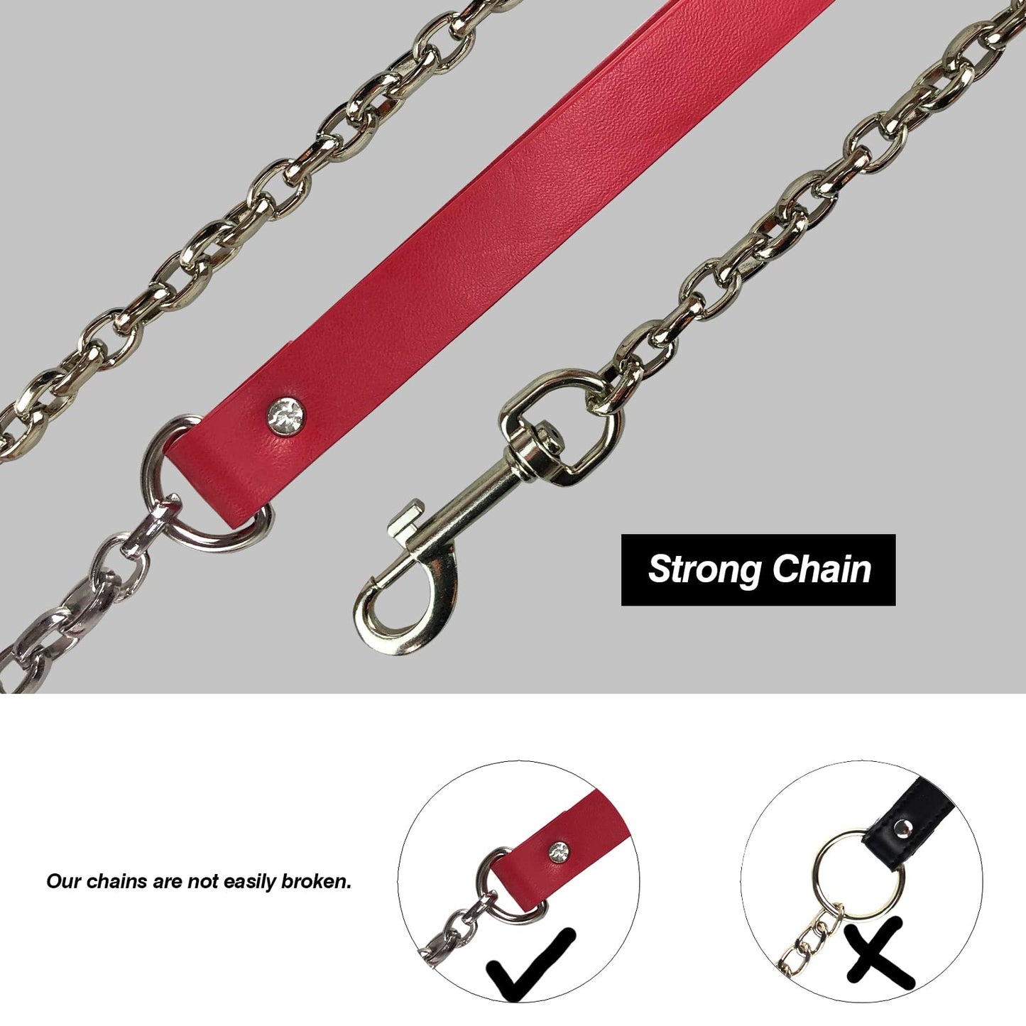 Gothic Leather Choker Collar, PU Leather Fur Lined Pet Collars Necklace with Long and Durable Detachable Leash Chain Pet Collars, Red