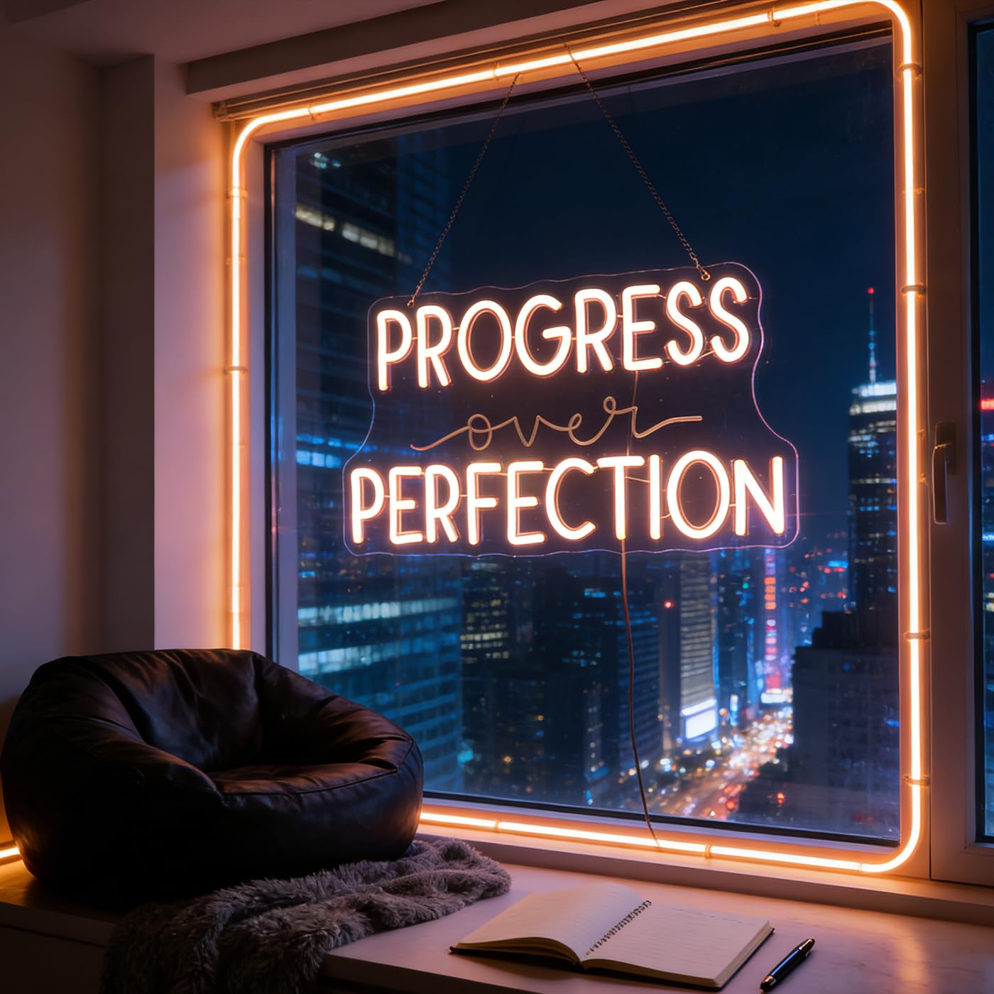 Progress Over Perfection Wall Hanging Neon Sign,Classroom Wall Decor Sign, Led Inspirational Office Decor Light, Teacher Gift, Decorative Neon Lights for Kids Room, Playroom Wall Decor (warm white)