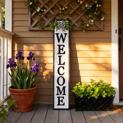 3D Outdoor Welcome Sign for Front Porch Standing 45"X9" Large Rustic Farmhouse Leaner Tall Vertical Soild Wooden Framed Plaque Modren Beautiful Outside Home Front Door Decorations (Black)