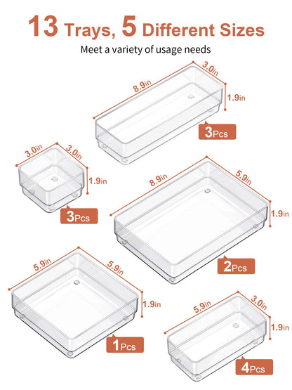 SMARTAKE 13-Piece Drawer Organizer with Non-Slip Silicone Pads, 5-Size Desk Drawer Organizer Trays Storage Tray for Makeup, Jewelries, Utensils in Bedroom Dresser, Office and Kitchen (Clear)