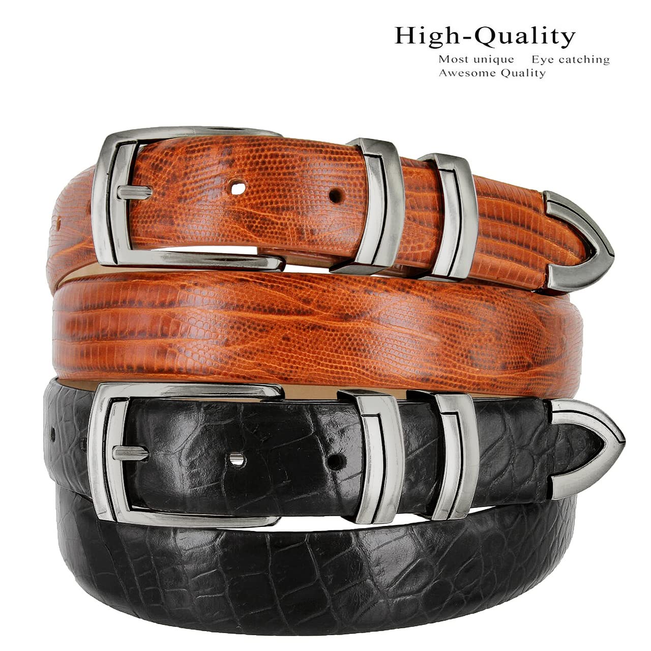 Belts.com BS8191 Gun Genuine Full-Grain Cowhide Leather Designer Golf Dress Belt 1-1/8"(30mm) Wide (Alligator Black, 44)