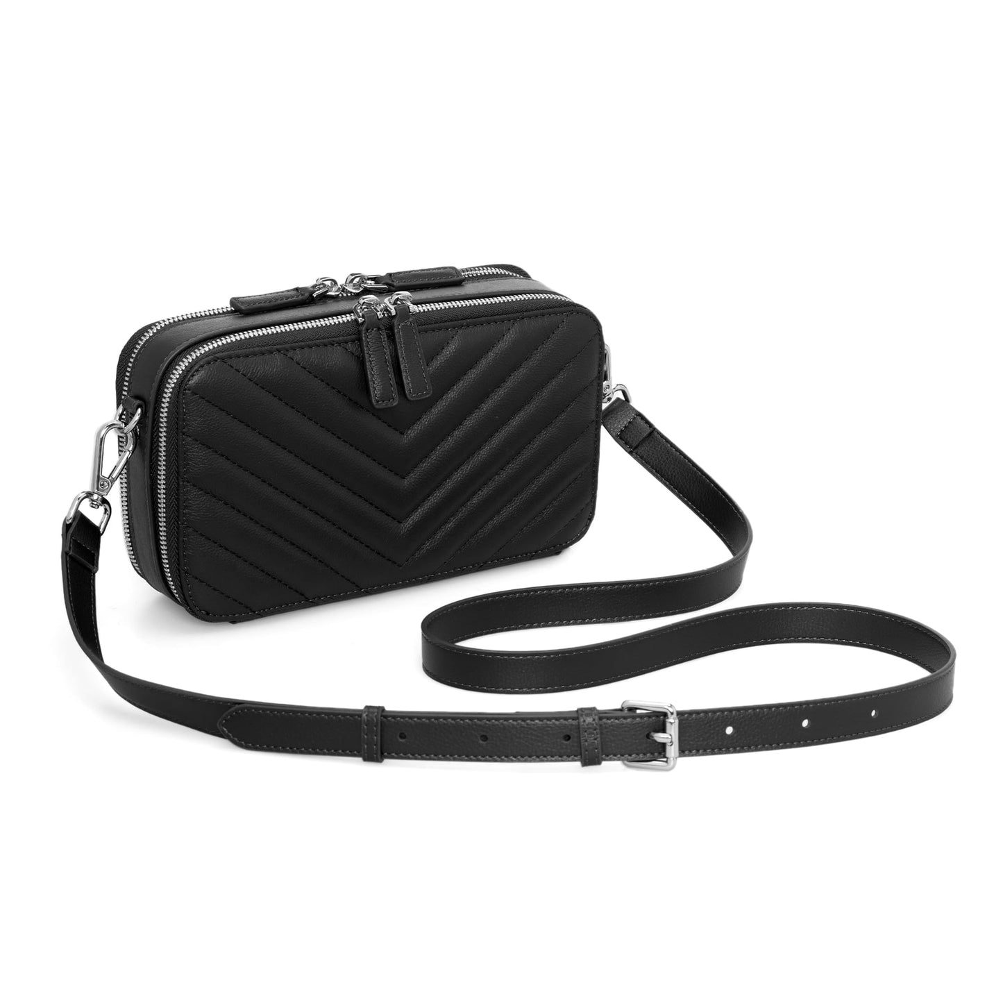 befen Quilted Genuine Leather Crossbody Bags for Women, Purses with Built in RFID Wallet, Woman Camera Shoulder Bag Handbags, Black Crossbody Purses with Adjustable Strap