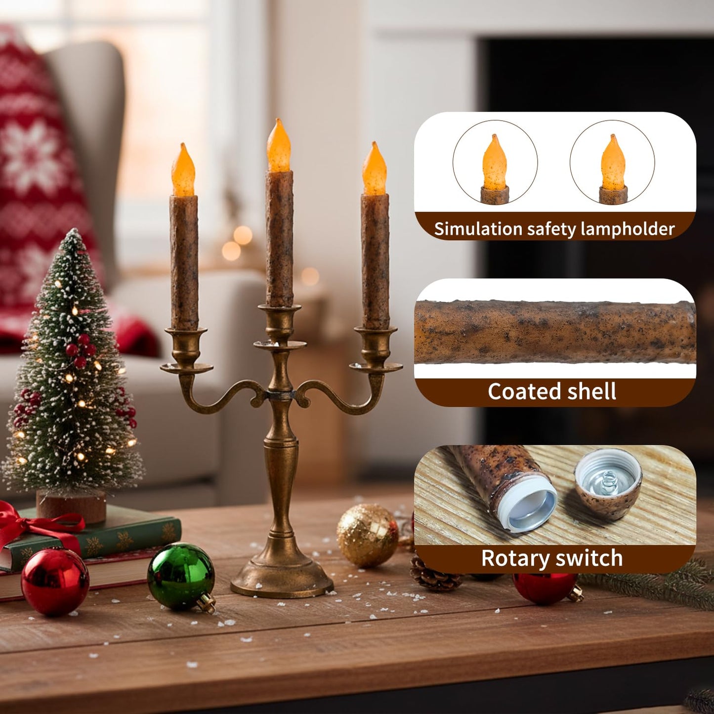 Aulaygo 6PCS Primitive Taper Candle with Timer Remote Control,Real Wax Hand Dipped Rustic Flameless Candles Battery Operated for Halloween Christmas Country Home Decor Church