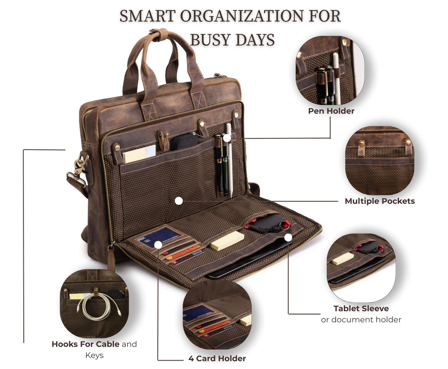 NomadCraftsCo. Brown Leather Messenger Bag for Men, Genuine Leather Briefcase, 18 Inch Work Satchel for Office, Travel, and Business Use