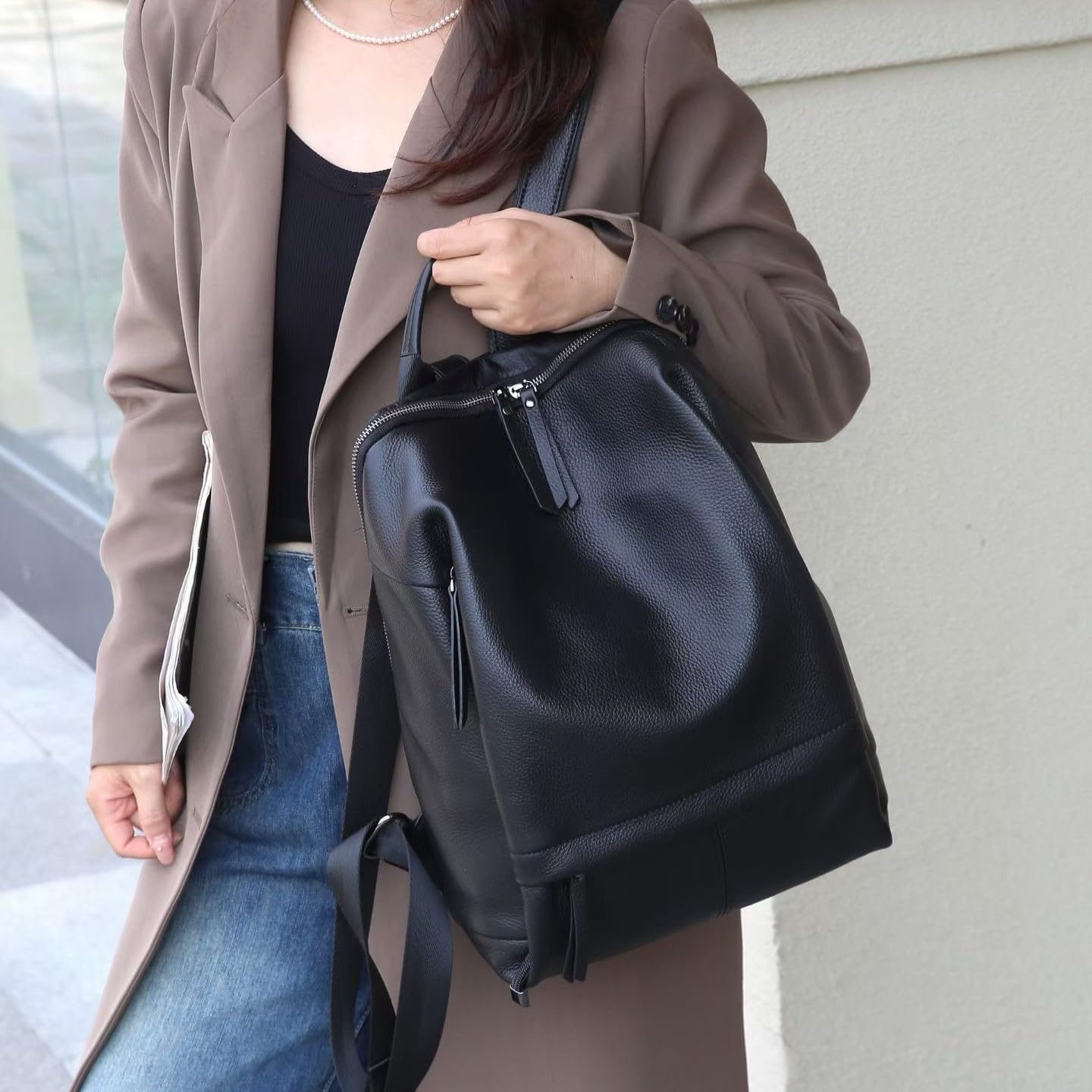 Wesccimo Genuine Leather Backpack Purse for Women, Fashion Designer Soft Backpack with Large Compartment Black
