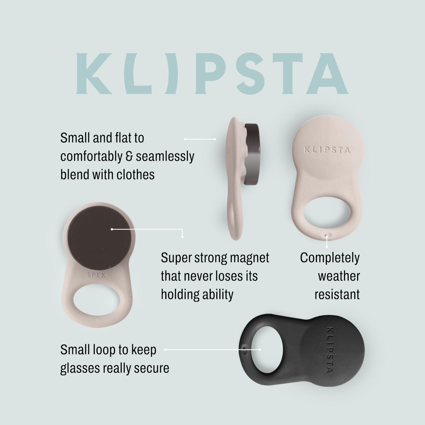 KLIPSTA SPEX Glasses Clips (Black+Stone 2-pack) - Magnetic Glasses Holder for Clothes. Eyewear Strap Alternative, ID Badge Holder.