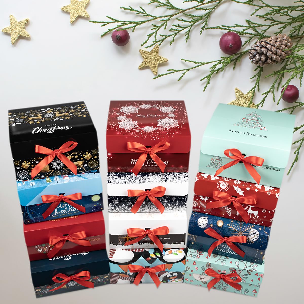ARTLYMERS Christmas Gift Boxes with Lids, 12 Pack Gift Box and Red Ribbon Christmas Themed Pattern Small Gift Boxes for Xmas Presents Gifts Easy Assemble