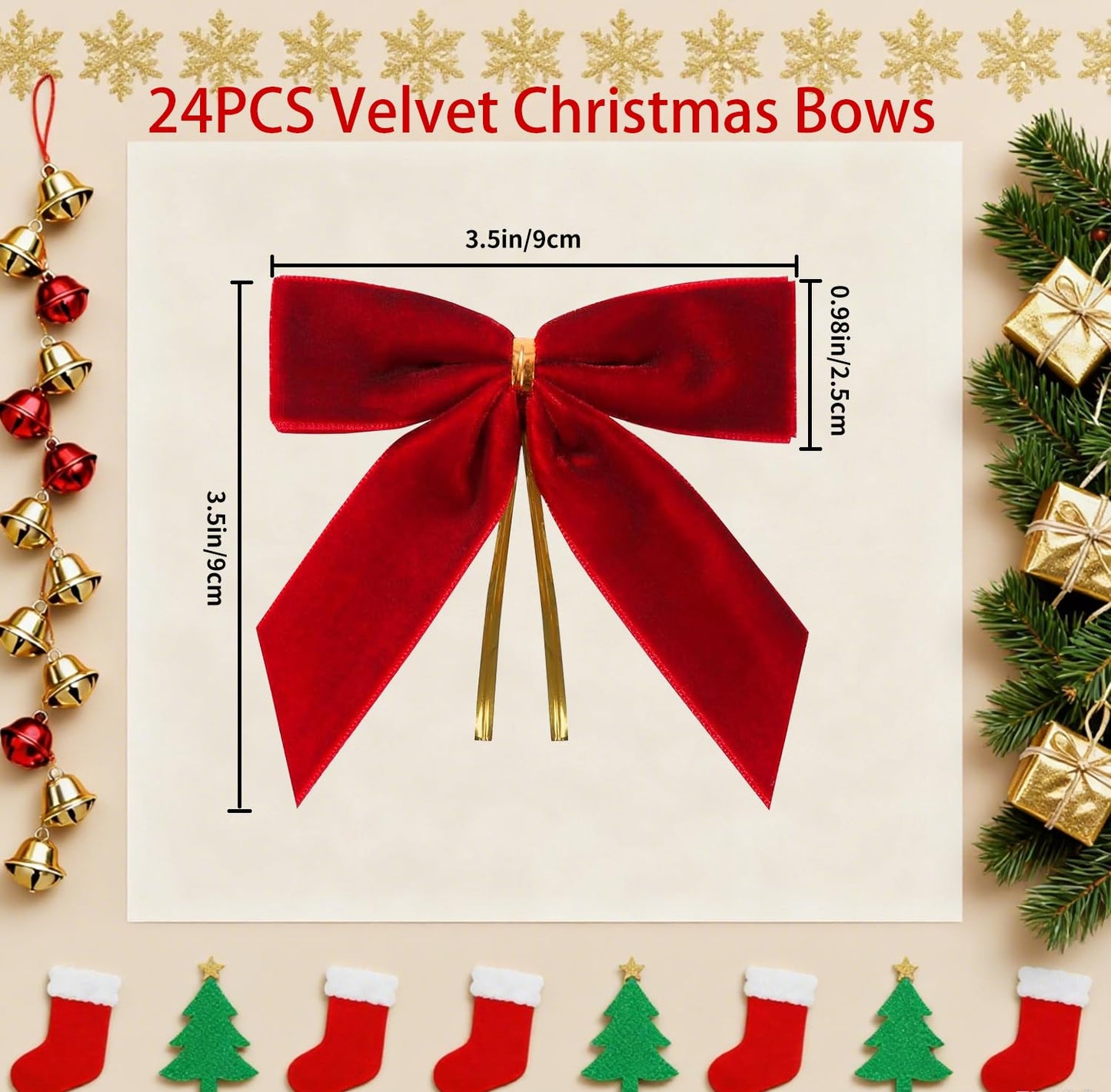 24 Pcs Red Small Velvet Christmas Bows for Christmas Tree Decorations, 3.5 Inch Xmas Velvet Ribbon Bow Ornaments for Christmas Farmhouse Tree Wreath Garland DIY Craft Gift Wrapping Decorative, 1" W