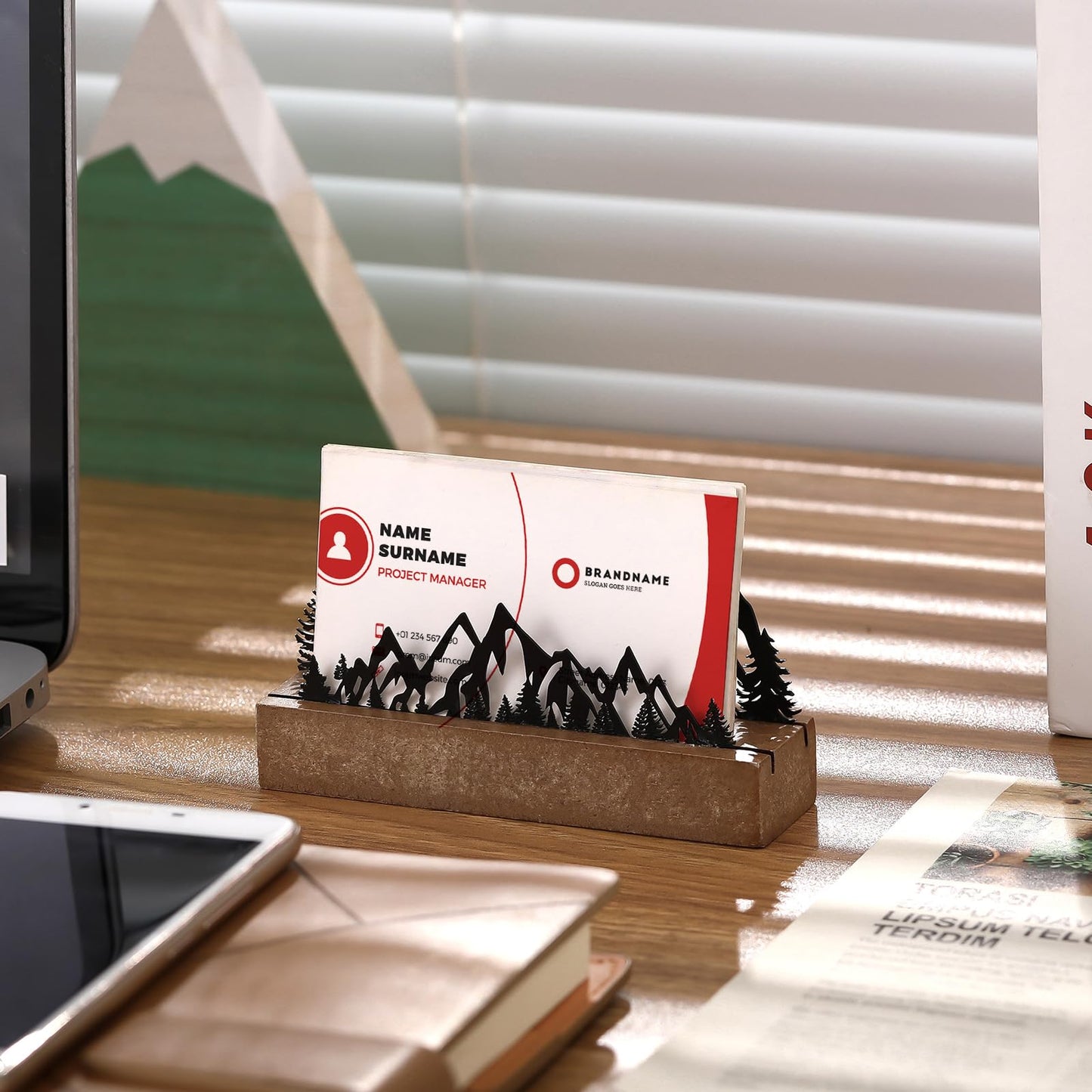 CroBlissful 2 Pcs Mountain Business Card Holders for Desk, Wood&Metal Black Mountain Range Forest Silhouette Business Card Display Stand for Home Office