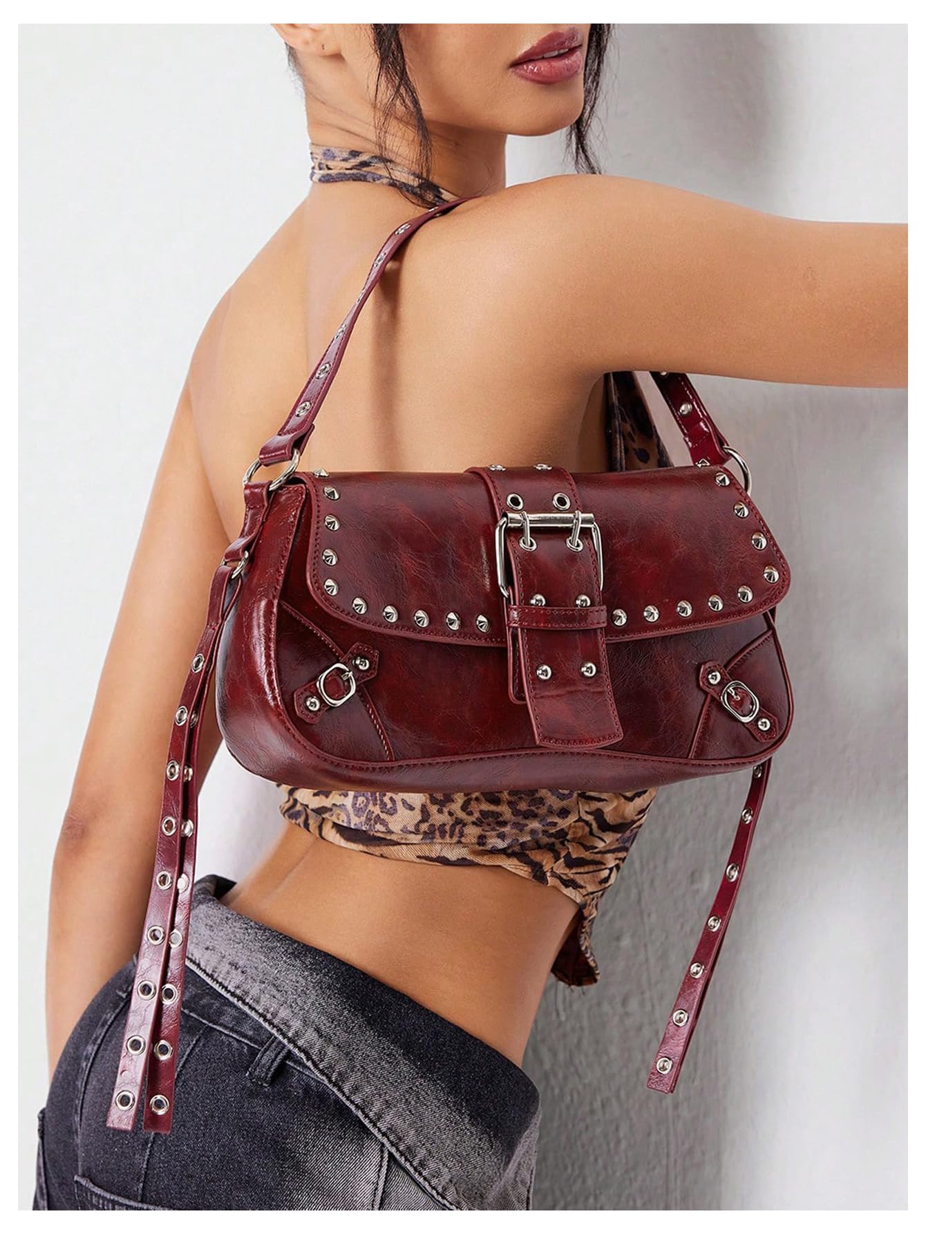 MakeMeChic Women's Shoulder Bags Y2K PU Leather Clutch Small Purse Bags Burgundy One Size
