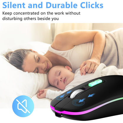 KARFUN Wireless Mouse, Backlit LED Portable Slim Computer Mouse for Laptop, PC, Computer, MacBook, iPad, Chromebook, Notebook, 2.4G Rechargeable Wireless Mouse (Black) (Black-Transparent Nose)