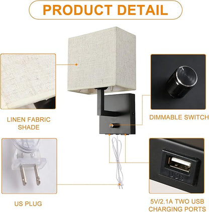 Bedside Wall Mount Light with Dimmer Switch and Two USB Charging Port, Fabric Linen Shade Wall Sconces Light with Plug in Cord, Black Wall Lamp Perfect for Bedroom, Living Room and Hotel