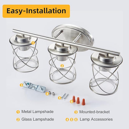 Mavcadonf Modern Vanity Lights with Cage Shade, 3 Lights Over Mirror, Brushed Nickel Bathroom Wall Lamp