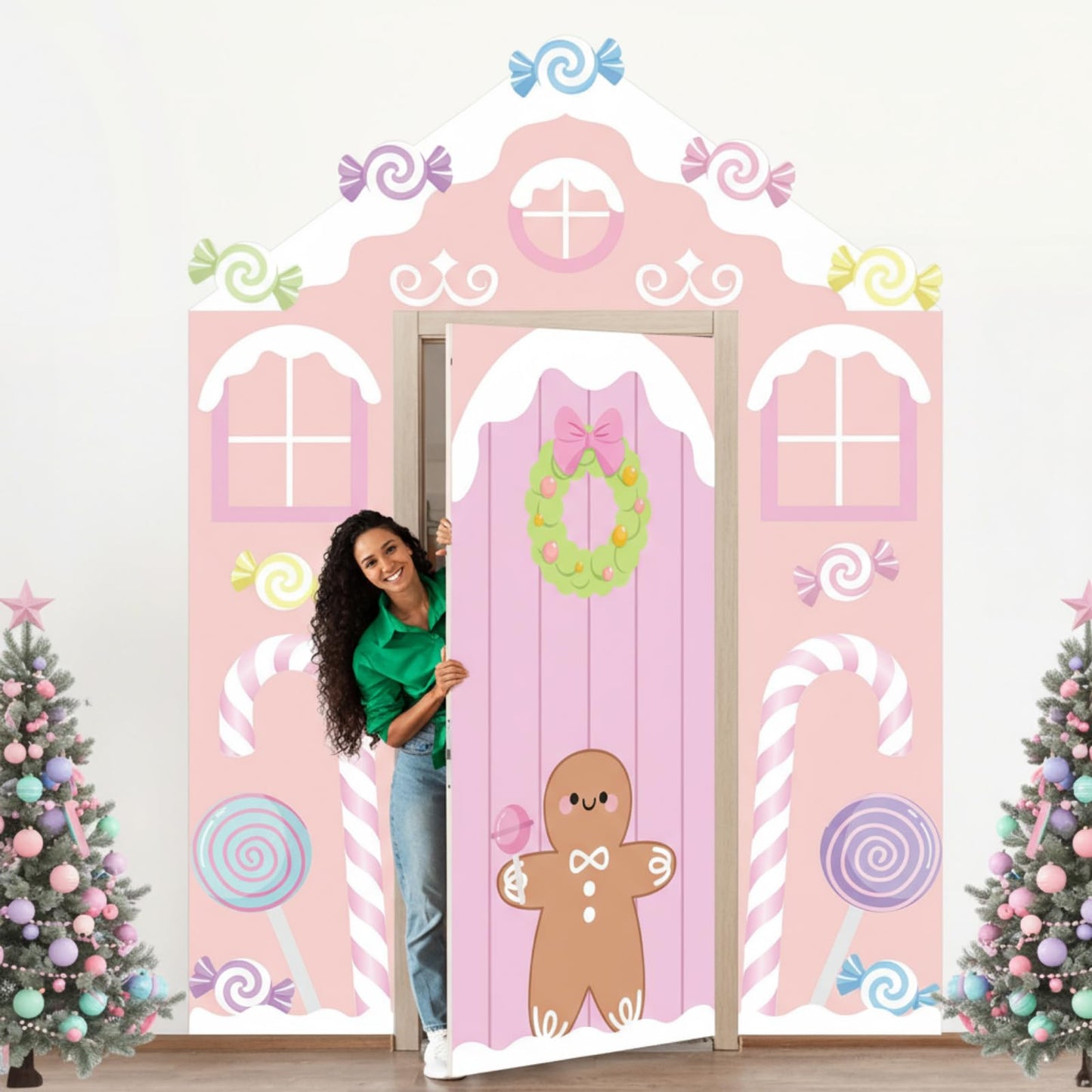 Hahafelt 4 Pcs Pastel Candy Christmas Gingerbread Door Covers Decoration Xmas Pink Gingerbread House Candy Door Backdrop Christmas Photo Booth Props Porch Sign for Holiday Classroom Home Party Decor