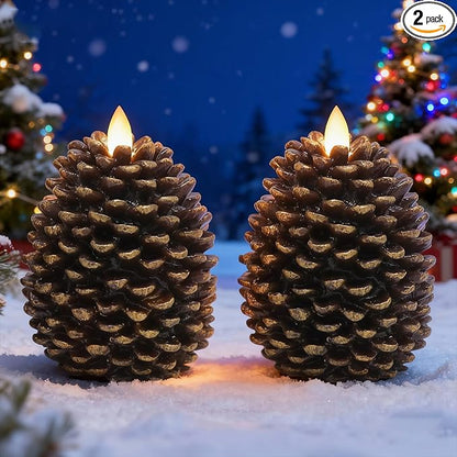 LED Flameless Pinecone Candles with 6H Timer, Battery Operated Waxy Pillar Candles, 2 Pack Christmas Candles Flickering Acorn Decor Woodsy Home Décor Christmas Gifts(Brown, 3.5 x 4.7 Inch)