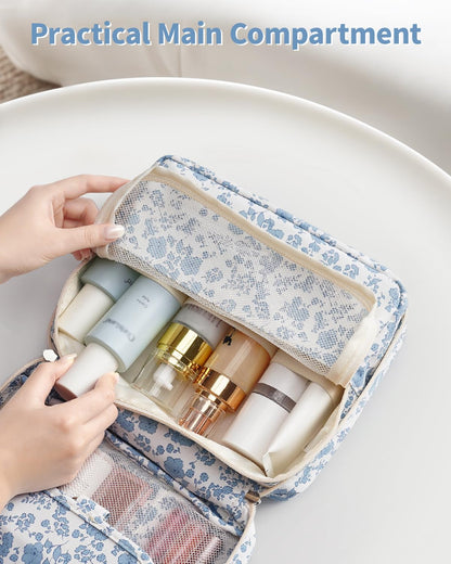 Narwey Small Hanging Travel Toiletry Bag for Women, Travel Bag for Toiletries, Floral Makeup Bag Organizer Cute Cosmetic Bags Make Up Bags for Girls (Little Blue Flower)