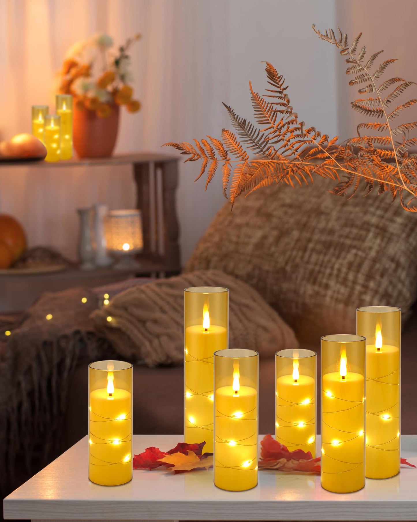 Enido 10 Pc Flameless LED Candles with Remote & Timer, Battery Operated Acrylic Pillar Set, Flickering Electric Lights with Embedded Star String for Cozy Home & Holiday Romantic Decor (Matte Gold)