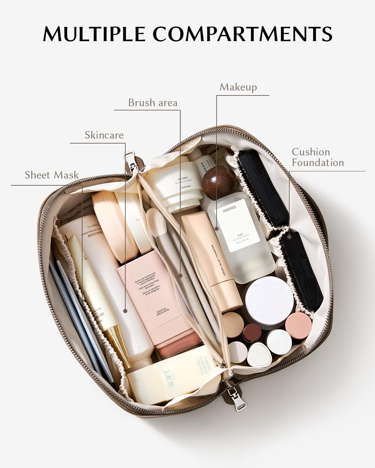 EACHY Travel Makeup Bag, Lychee Leather Large Capacity Cosmetic Bag for Women, Open Flat Toiletry Bag with TPU Brush Compartment, Waterproof Skincare Organizer Travel Essentials