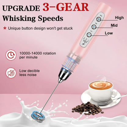 Milk Frother Handheld for Coffee, Electric Whisk 3 Speed Adjustable, Drink Mixer with Stainless 3 Whisks, Rechargeable Hand Frother Wand, Foam Maker for Latte Cappuccino Matcha Egg Silver