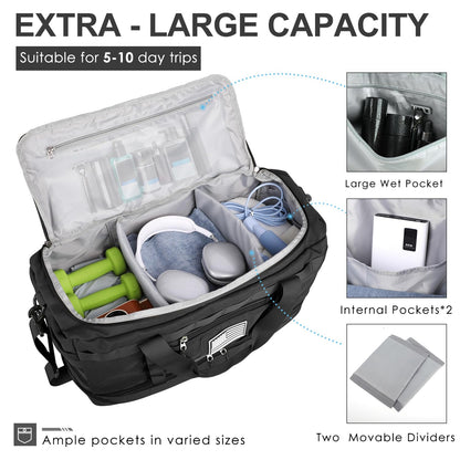 ETRONIK Travel Bag for Men Women, Gym Bag & Tactical Duffle Bags for Travel, Carry on with Toiletry Bag and Shoe Compartment, Weekender Overnight Trip with Wet Pocket for Workout Medical, Black