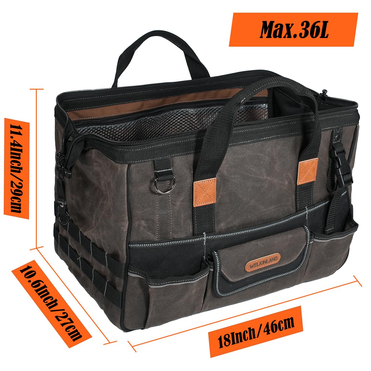 WELKINLAND 18 Inch Waxed Canvas Tool Bag, Heavy-Duty Electrical Tool Bag, Large-Opening 28-Pocket Tools Bag, 36L Tool Bags For Men, Quick-Access HVAC Tools Bags