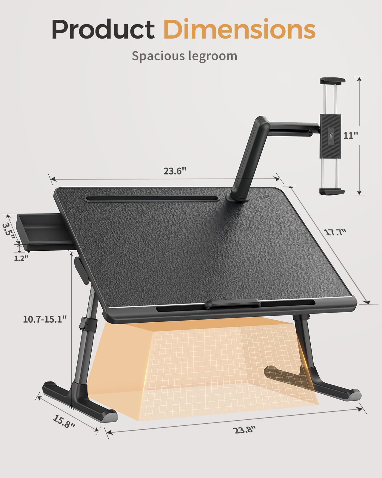 SAIJI Dual Screen Laptop Bed Desk | Foldable Adjustable Lap Desks for Adults, X-Large Couch Bed Tray Table with Portable Monitor Stand and Drawer