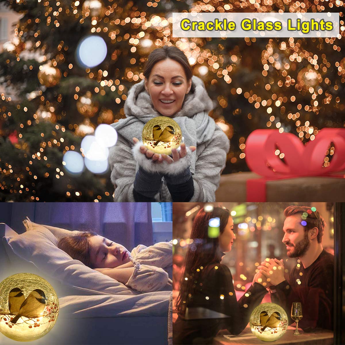 Glass Ball Light Birds Pattern Crackle Warm White Night Lamp for Bedroom Living-Room Dresser Nursery Kitchen Garden Modern Decoration Craft