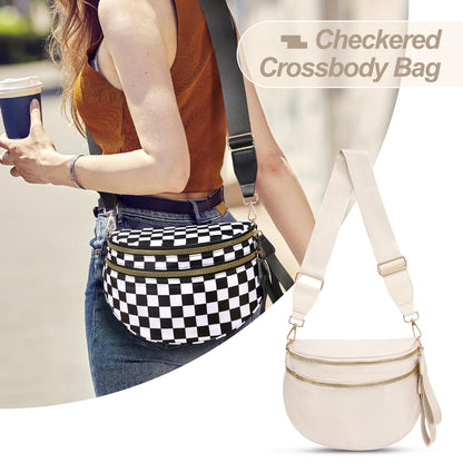 Checkered Crossbody Bag,Nylon Bum Bags for Women Crossbody,Spacious Sling Bag Purse Fanny Packs with Shoulder Strap