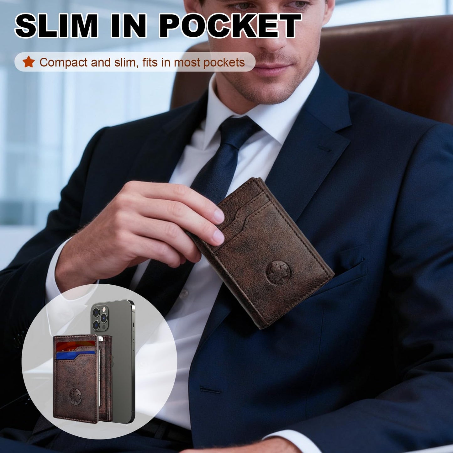 OLLEN Trifold Leather Wallet for Men, RFID Blocking Slim Wallet with 15 Card Capacity Cash Pocket 2 ID Windows, Magnetic Closure Minimalist Wallet for Front Pocket Wallet, Coffee