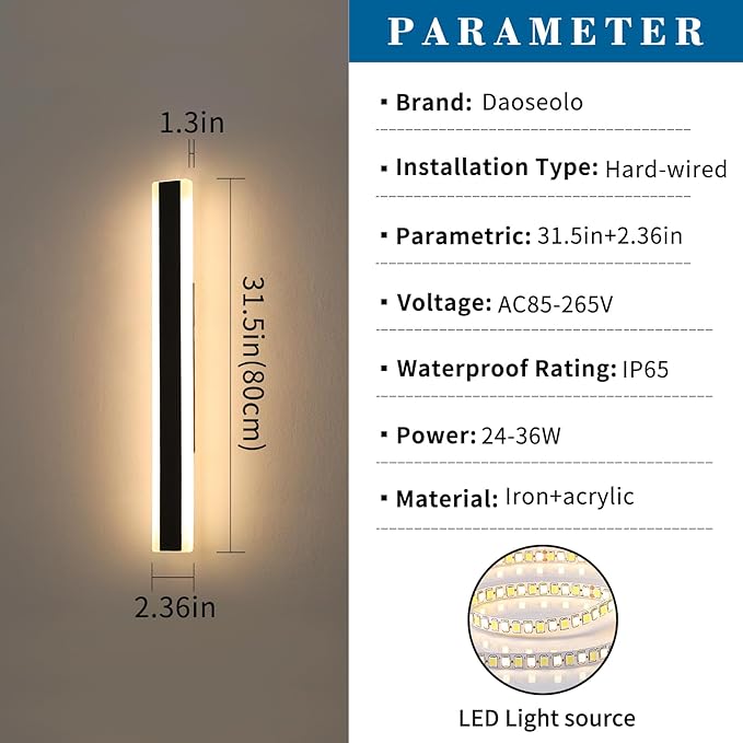 2 Pack Outdoor Wall Sconce Light, 31.4inch Modern Black Exterior Porch Light, 3 Color Lights 3000K/4500K/6000K, 31W, IP65 Waterproof Wall Mounted Lighting Fixture for Patio, Yard, Garage