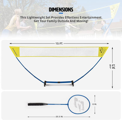 EastPoint Easy Setup Badminton Set - 5 ft Net, 4 Rackets, 2 Shuttlecocks - Quick Setup Net for Backyard Games - Steel Shaft Badminton Rackets for Family Games - Durable Shuttlecocks for Outdoor Sports