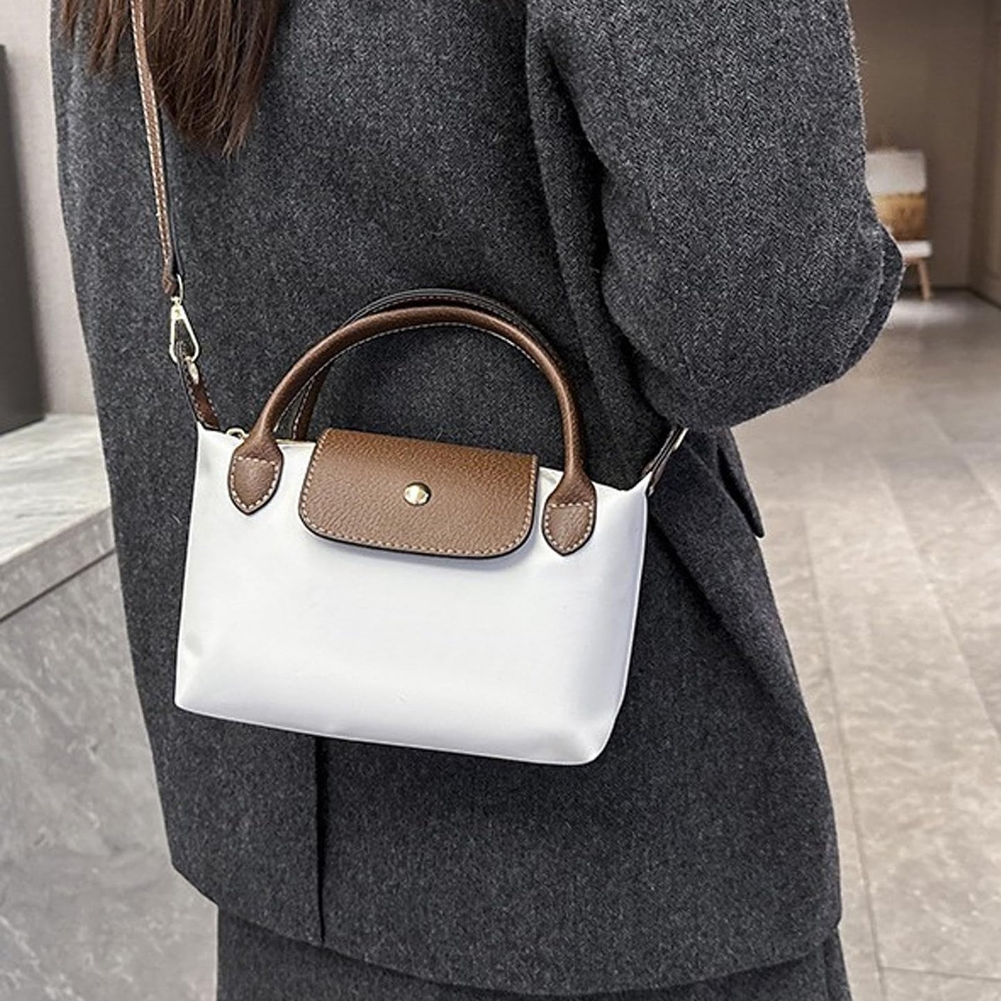 Womens Mini Crossbody Bag Dual Handle Adjustable Strap Nylon PU Leather Small Purse For Phone Wallet 9in Black
